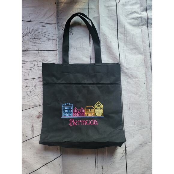 Embroidered Bermuda Black Tote Bag 14x14x4.5 Inches - Picture 1 of 8